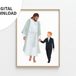 Könnte beinhalten: Eine digitale Illustration von Jesus Christus in einem weißen Gewand, der mit einem jungen Jungen in einem schwarzen Anzug und blauer Krawatte geht. Der Junge hält Jesus' Hand. Das Bild ist vor einem weißen Hintergrund.