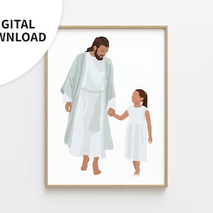 May include: A digital illustration of Jesus Christ walking with a young girl, both wearing white clothing. Jesus has long brown hair and a beard, while the girl has long brown hair and is wearing a white dress. They are holding hands and walking towards the right side of the image.