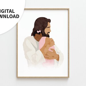 May include: A watercolor painting of a man with brown hair and a beard holding a young girl with brown skin and a pink bow in his arms.
