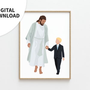 May include: A digital illustration of Jesus Christ in a white robe, walking with a young boy in a suit. The boy is holding Jesus' hand. The image is set against a white background.