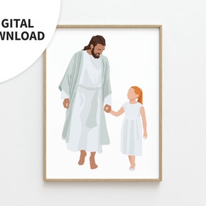 May include: A digital illustration of a man in a white robe holding the hand of a young girl in a white dress. The man has brown hair and a beard. The girl has red hair. The background is white.