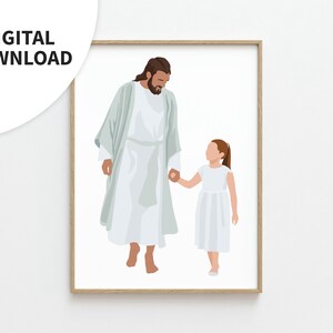 May include: A digital illustration of a man in a white robe holding the hand of a young girl in a white dress. The man has brown hair and a beard. The girl has brown hair and is wearing a white dress. The background is white.