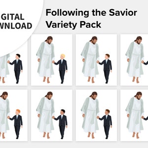May include: A digital download pack of eight illustrations featuring a man in a white robe walking with a child. The illustrations are in a variety of poses and feature different skin tones for the child.