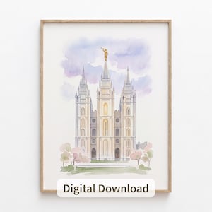 May include: A watercolor art print featuring the Salt Lake Temple with its six spires and a gold statue on the center spire. The building is rendered in shades of gray and beige against a soft purple sky, with pink and green trees at the base.
