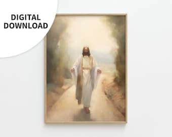 May include: A painting of a man in a white robe walking on a path. The man has long brown hair and a beard. The path is surrounded by trees and bushes. The background is a soft, hazy light.