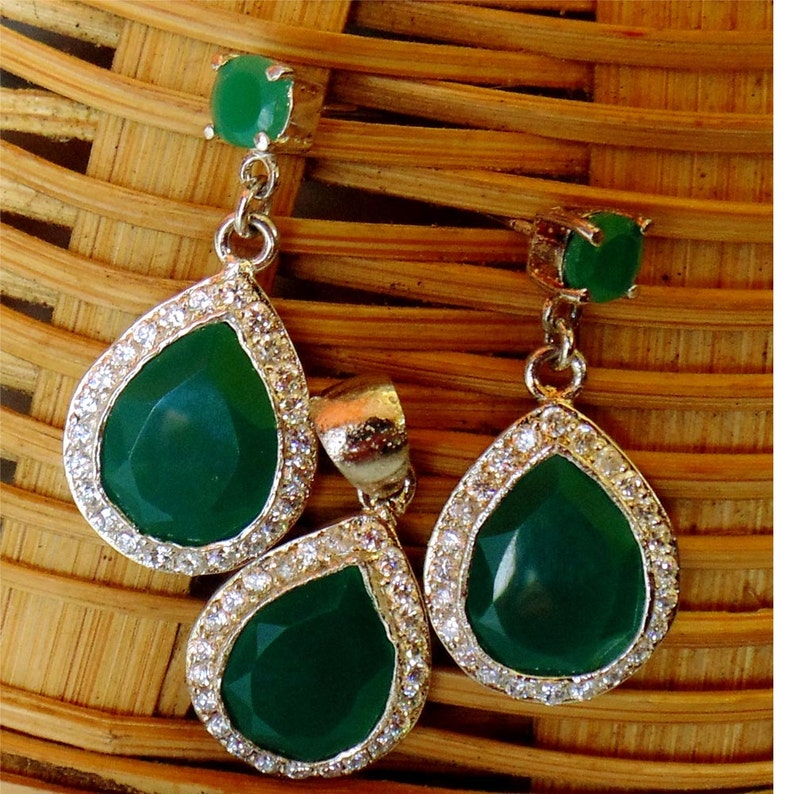 Designer Emerald CZ Rhodium Plated Silver Jewelry Set-Lovely Piece Of Jewelry Set-Birthstone Jewelry Earring Pendant Set-DTS-1003