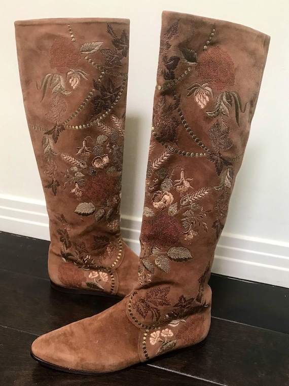 Embroidered suede riding boots