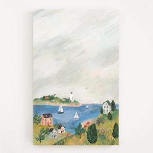 May include: Coastal landscape art print featuring a lighthouse, sailboats, and houses on a green hillside. The artwork has a soft, watercolor style with a muted color palette of blues, greens, and pinks. The sky is a blend of gray and white.