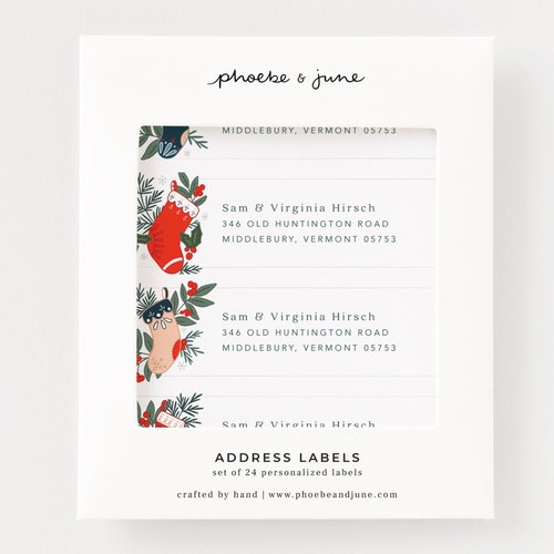 Set of 24 Address Labels | Christmas Stocking Personalized Return Address Labels, Stationery Set of Holiday Address Stickers