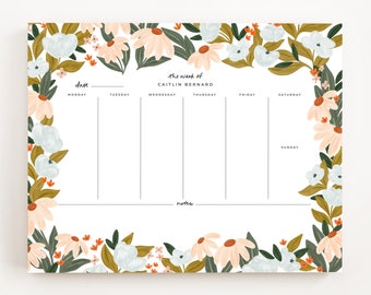 Meadow Weekly Planner Notepad: Illustrated Botanical Personalized Weekly Calendar, Custom To Do List Pad