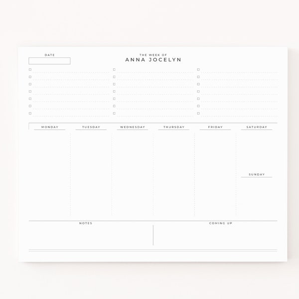 Personalized Weekly Desk Pad : Custom Weekly To Do Notepad with Calendar and To Do List,  Minimalist Personalized Weekly Planner Stationery