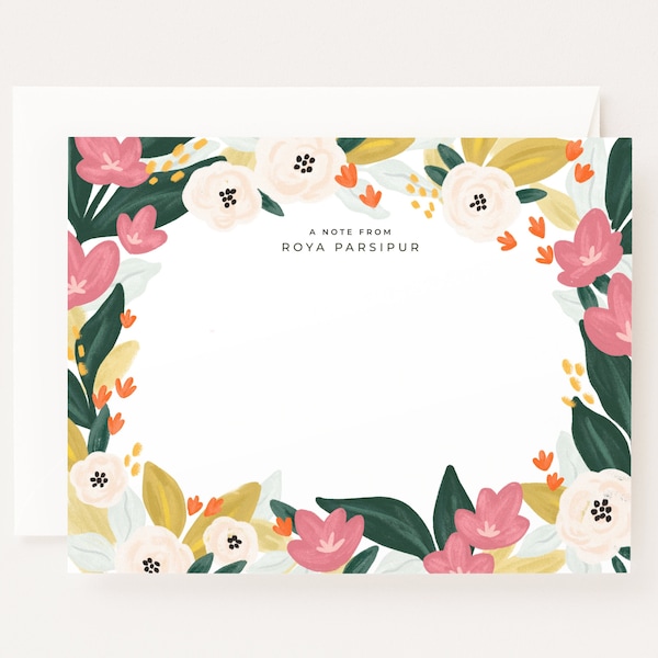 Personalized Flat Card Set: Flores Illustrated Custom Stationery Cards, Letter Writing Stationery Set