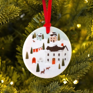 Ceramic Christmas Ornament Illustrated Porcelain Christmas Tree Ornament with North Pole Scene image 1