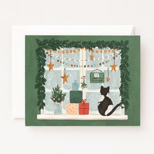 Christmas Window Cat Card Illustrated Christmas Cards, Blank Holiday Card Set image 1