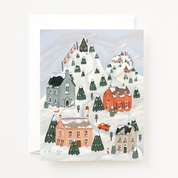 Christmas Slope Holiday Cards: Snowy Winter Town Holiday Greeting Card Set