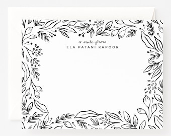 Personalized Flat Card Set of 12 | Illustrated Botanical Custom Flat Notes with Hand Lettered Calligraphy : Personalized Stationery Cards