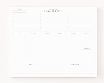 Personalized Weekly Desk Pad : Custom Weekly To Do Notepad with Calendar and To Do List,  Minimalist Personalized Weekly Planner Stationery