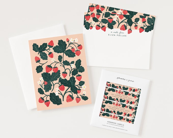Strawberry Personalized Stationery Set | Custom Stationery, Illustrated Berry Patch Personalized Gift Set