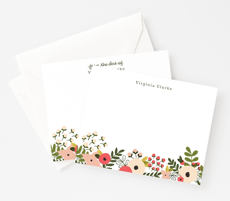 Personalized Flat Card Set of 12 Custom Floral Stationery Notecards : Blooming Wreath Collection Personalized Stationery Set image 3