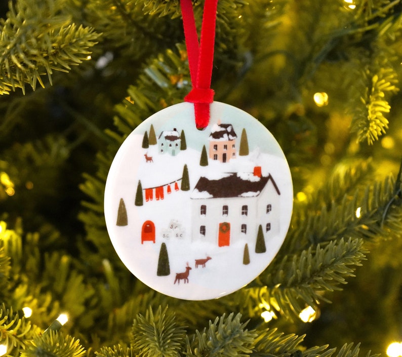 Ceramic Christmas Ornament Illustrated Porcelain Christmas Tree Ornament with North Pole Scene image 1