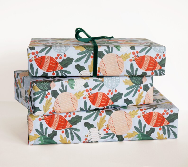 Christmas Baubles Wrapping Paper Illustrated Christmas Wrapping Paper, Holiday Gift Wrap Sheets Set of 3 image 2