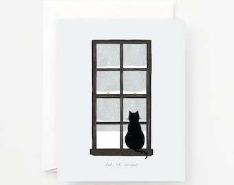 Let it Snow Holiday Card | Snowy Scene Illustrated Christmas Cards Set, Cat Christmas Cards Set of 8 or Single Greeting Card