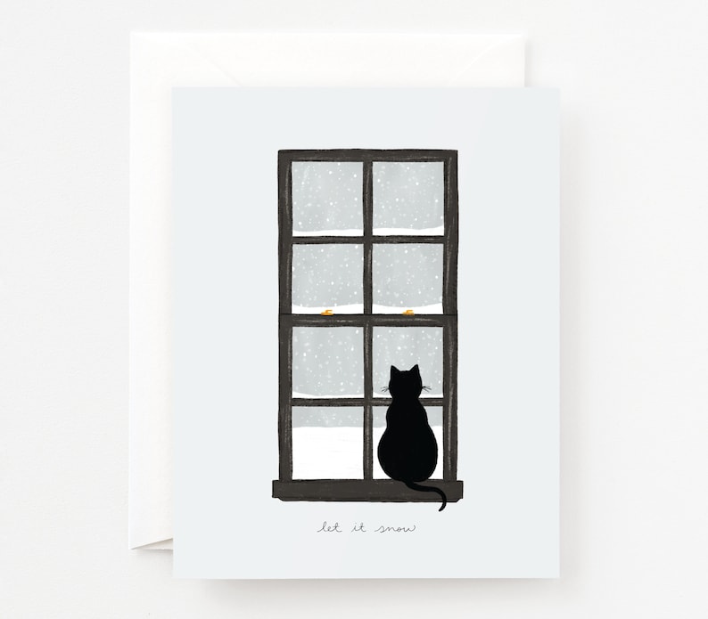 Let it Snow Holiday Card Snowy Scene Illustrated Christmas Cards Set, Cat Christmas Cards Set of 8 or Single Greeting Card image 1