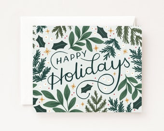 Winter Pine Holiday Cards Set of 8 or Single Greeting Card : Floral Christmas Cards with Happy Holidays, Blank Greeting Card Holiday Cards