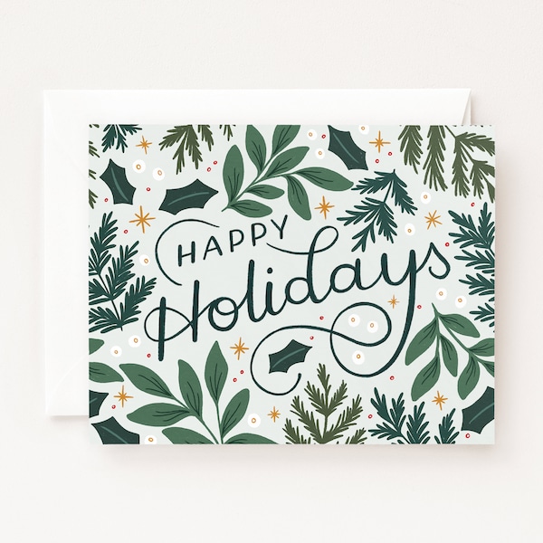 Winter Pine Holiday Cards Set of 8 or Single Greeting Card : Floral Christmas Cards with Happy Holidays, Blank Greeting Card Holiday Cards