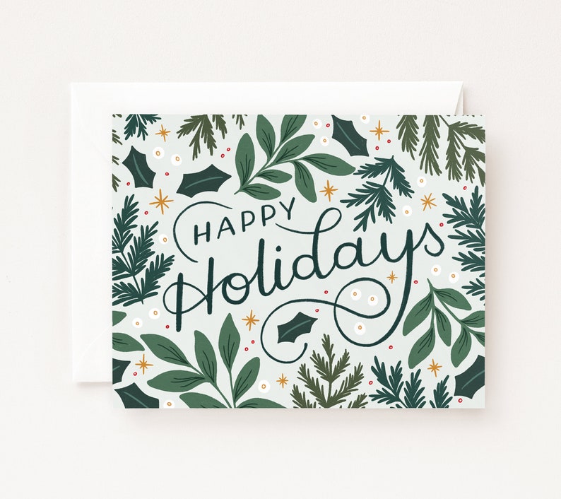 Winter Pine Holiday Cards Set of 8 or Single Greeting Card : Floral Christmas Cards with Happy Holidays, Blank Greeting Card Holiday Cards image 1