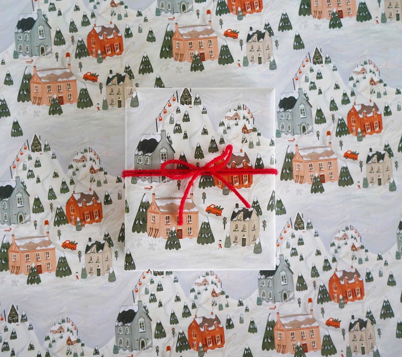 Christmas Slope Wrapping Paper Illustrated Christmas Wrapping Paper, Holiday Gift Wrap Sheets Set of 3 image 2