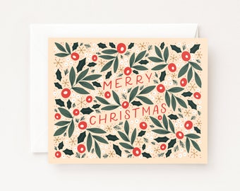 Illustrated Christmas Cards | Floral Hand Lettered Holiday Card Set or Single, Folk Christmas Greeting Cards