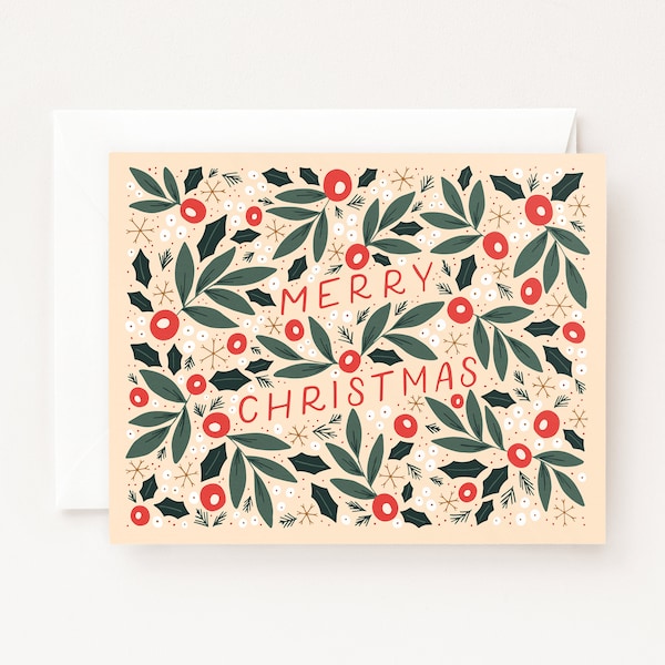 Illustrated Christmas Cards | Floral Hand Lettered Holiday Card Set or Single, Folk Christmas Greeting Cards