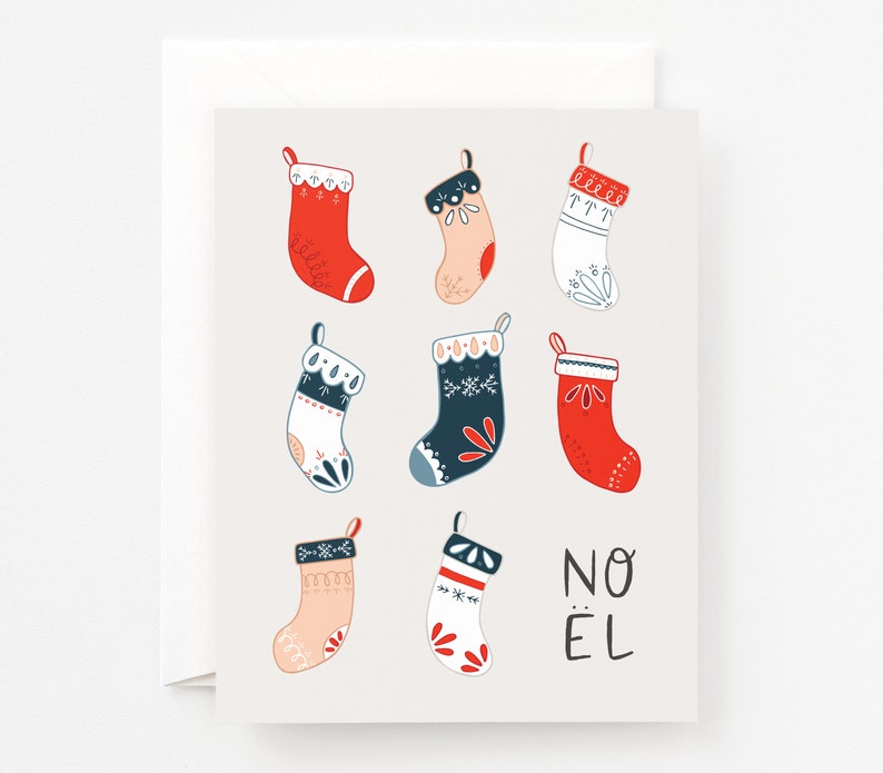 Noel Stockings Christmas Cards Illustrated and Hand Lettered Christmas Card Set with Holiday Stockings image 1