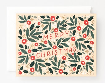 Illustrated Christmas Cards | Floral Hand Lettered Holiday Card Set or Single, Folk Christmas Greeting Cards