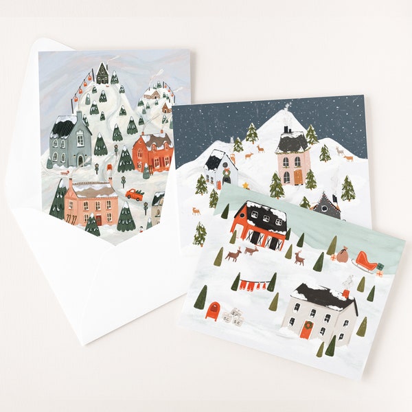 Set of 12 Holiday Card Collection | Mixed Set of Christmas Cards : Variety Pack of Snowy Villages Holiday Cards