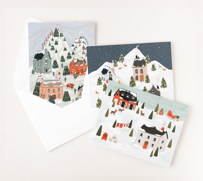 Set of 12 Holiday Card Collection Mixed Set of Christmas Cards : Variety Pack of Snowy Villages Holiday Cards image 1
