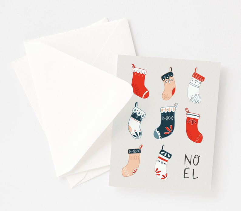 Noel Stockings Christmas Cards Illustrated and Hand Lettered Christmas Card Set with Holiday Stockings image 2