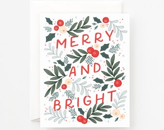 Merry and Bright Christmas Cards Set of 8 or Individual Greeting Card | Modern Illustrated Holiday Card Set