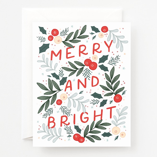 Merry and Bright Christmas Cards Set of 8 or Individual Greeting Card | Modern Illustrated Holiday Card Set