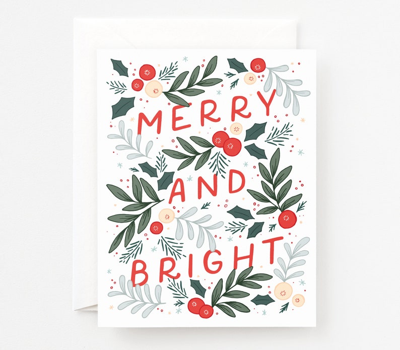Merry and Bright Christmas Cards Set of 8 or Individual Greeting Card | Modern Illustrated Holiday Card Set 