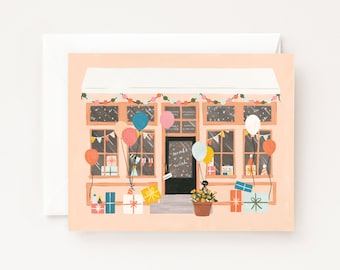 Birthday Party Shop Card : Illustrated Happy Birthday Cards with Party Supply Shop Greeting Card