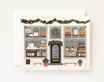 New Year's Market Holiday Card | Illustrated Shopfront Happy New Year Cards Set of 8 or Single Card