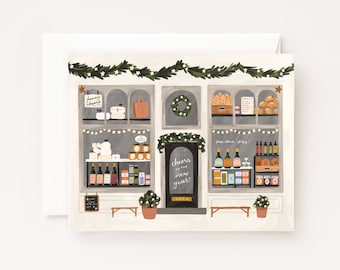 New Year's Market Holiday Card | Illustrated Shopfront Happy New Year Cards Set of 8 or Single Card