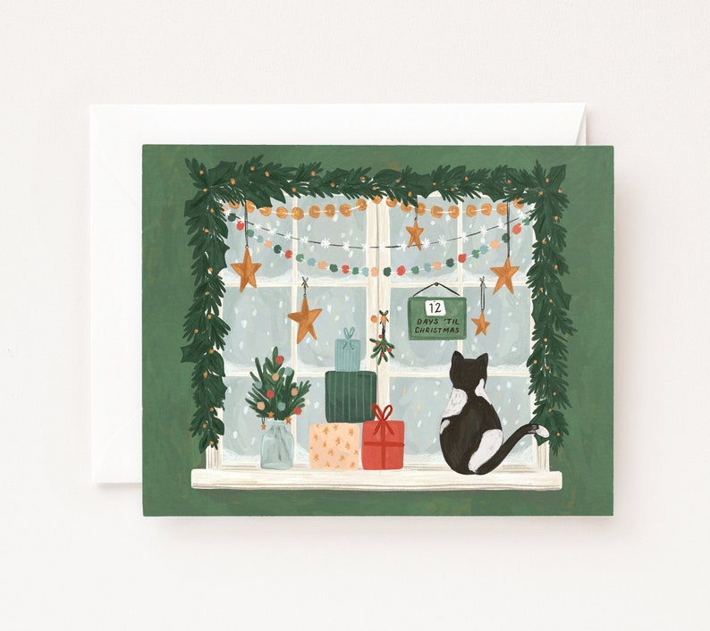 Christmas Window Cat Card Illustrated Christmas Cards, Blank Holiday Card Set image 1