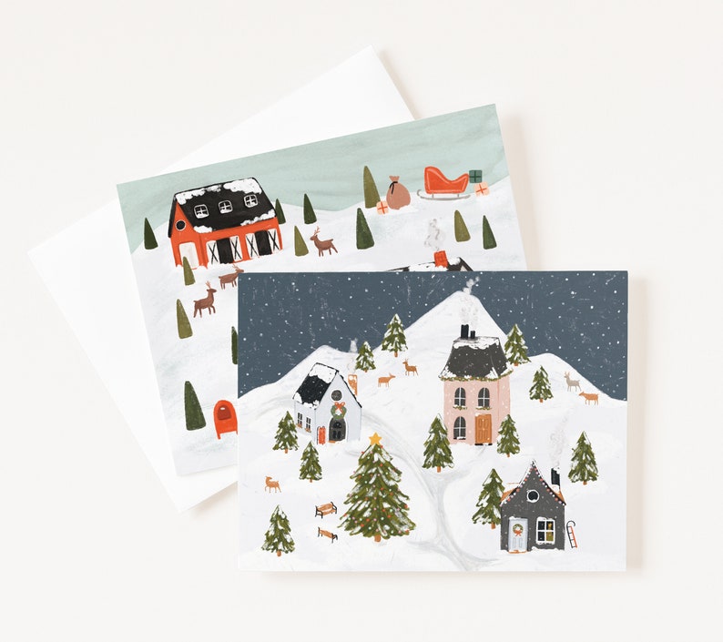 Set of 12 Holiday Card Collection Mixed Set of Christmas Cards : Variety Pack of Snowy Villages Holiday Cards image 2
