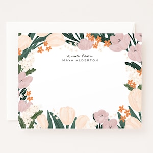 Conjunto de cartões planos personalizados First Bloom: cartões de papelaria personalizados ilustrados, conjunto de papelaria para escrever cartas