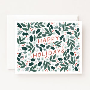 Tarjetas navideñas de Folk Holiday: juego de tarjetas navideñas florales con felices fiestas, juego de 8 tarjetas de felicitación en blanco o tarjeta individual