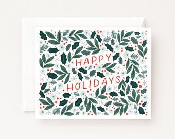 Folk Holiday Christmas Cards : Floral Christmas Card Set with Happy Holidays, Blank Greeting Card Holiday Card Set of 8 or Individual Card