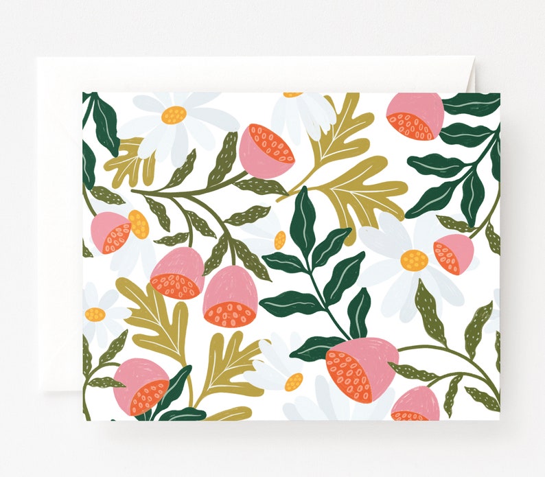 Folded Everyday Cards with Blank Interiors and Hand Illustrated Blooms Flora Notecard Set of 8